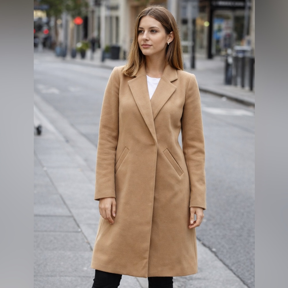 Camel Wool Blend Longline Dress Coat Jacket New With Tags XS